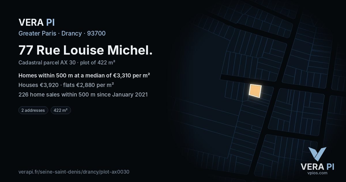 77 Rue Louise Michel, Drancy at night – the plot lit, the parcels around coloured by the prices near them