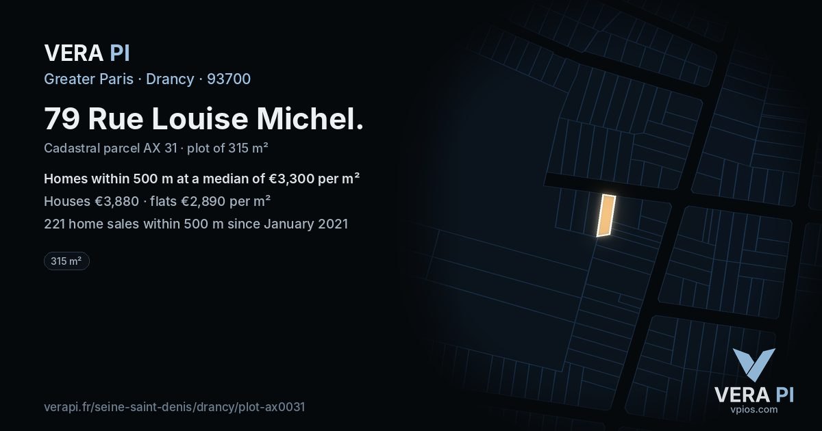79 Rue Louise Michel, Drancy at night – the plot lit, the parcels around coloured by the prices near them