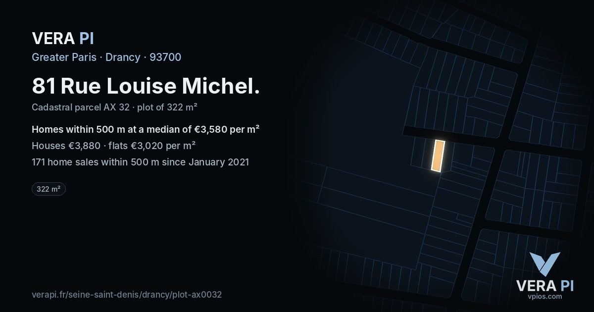 81 Rue Louise Michel, Drancy at night – the plot lit, the parcels around coloured by the prices near them