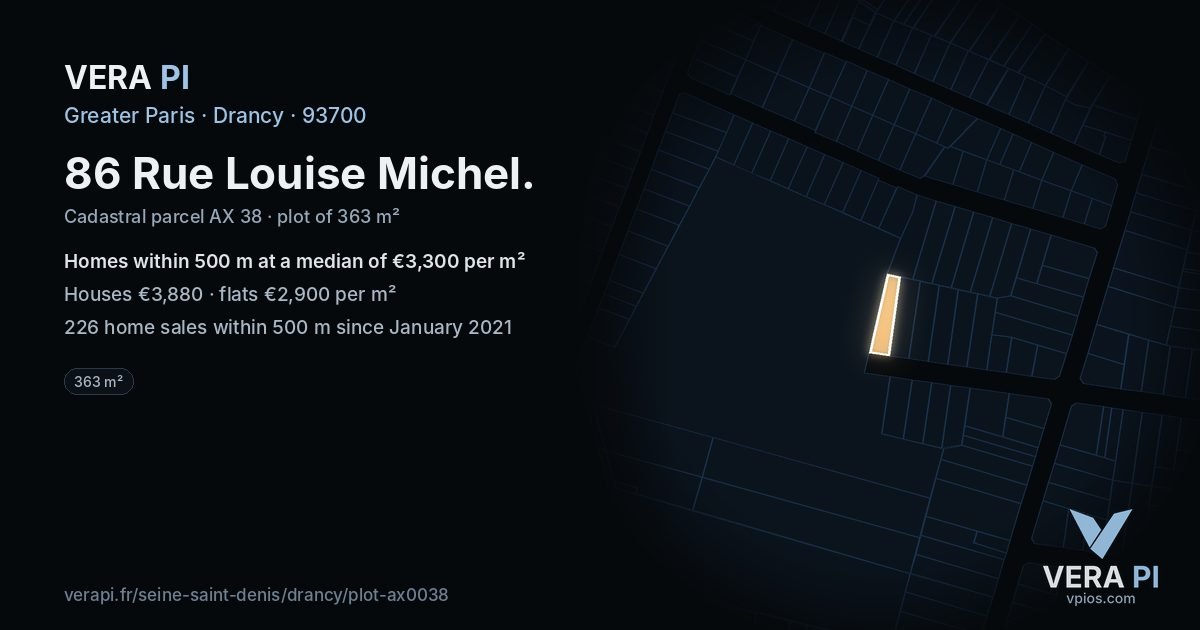 86 Rue Louise Michel, Drancy at night – the plot lit, the parcels around coloured by the prices near them