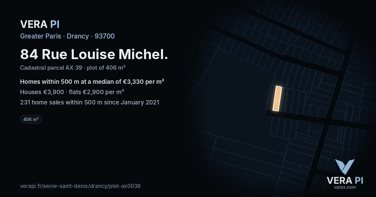84 Rue Louise Michel, Drancy at night – the plot lit, the parcels around coloured by the prices near them
