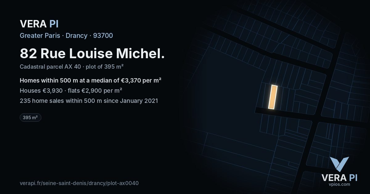 82 Rue Louise Michel, Drancy at night – the plot lit, the parcels around coloured by the prices near them