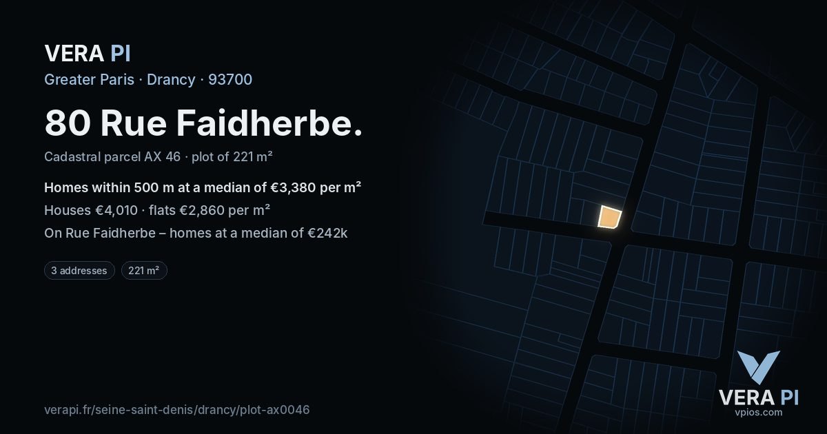 80 Rue Faidherbe, Drancy at night – the plot lit, the parcels around coloured by the prices near them