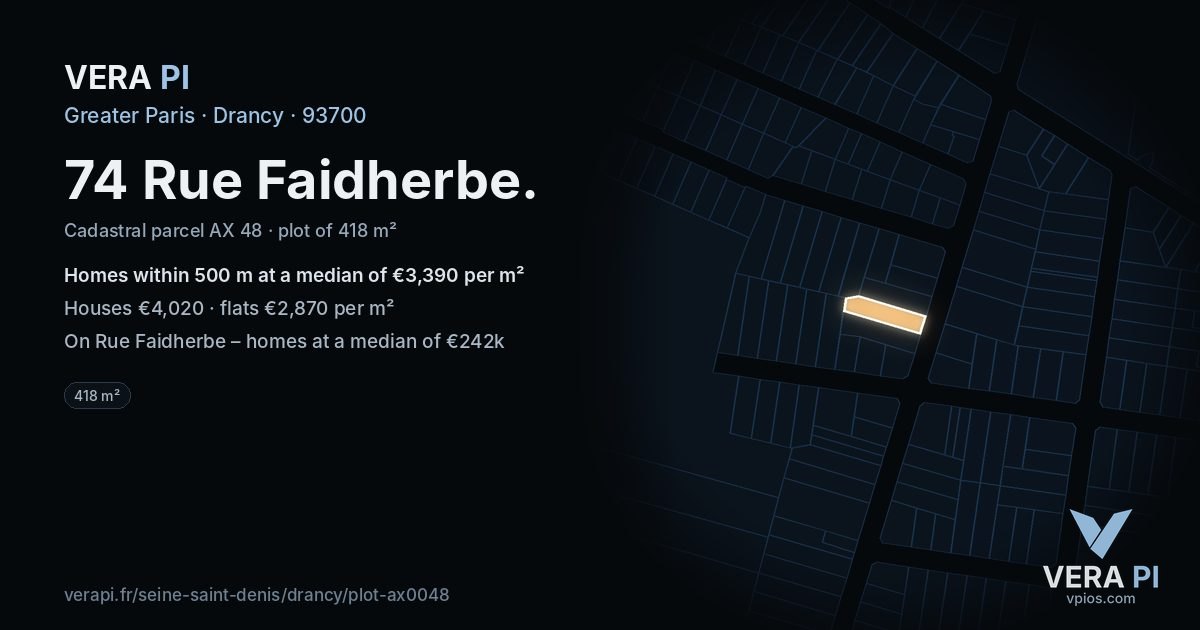 74 Rue Faidherbe, Drancy at night – the plot lit, the parcels around coloured by the prices near them