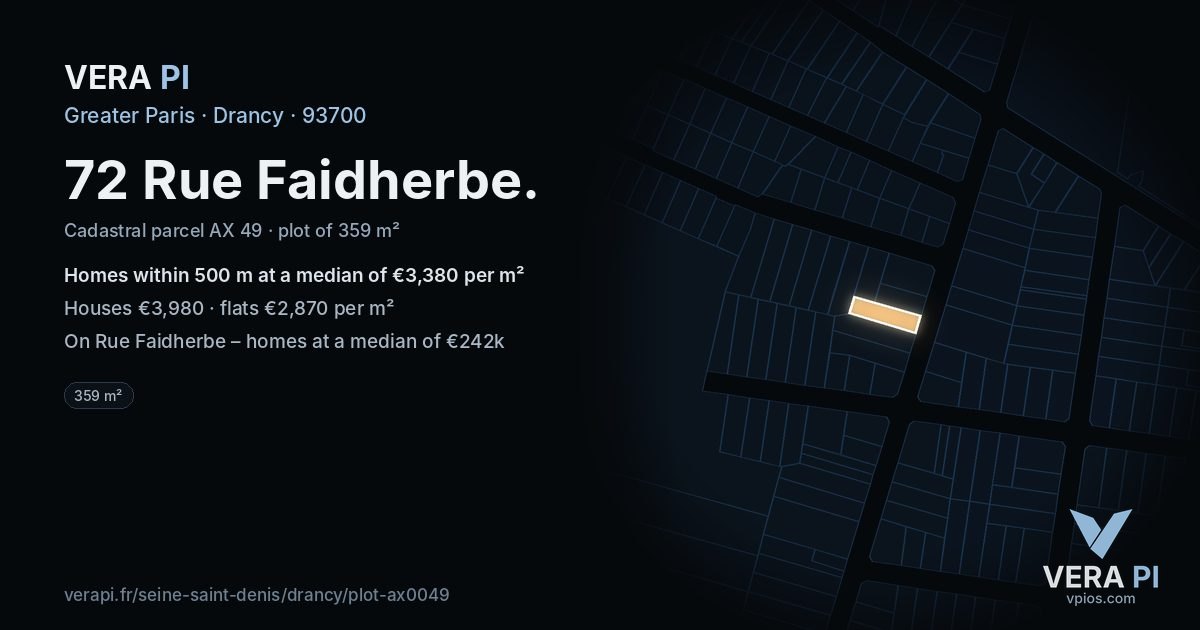 72 Rue Faidherbe, Drancy at night – the plot lit, the parcels around coloured by the prices near them