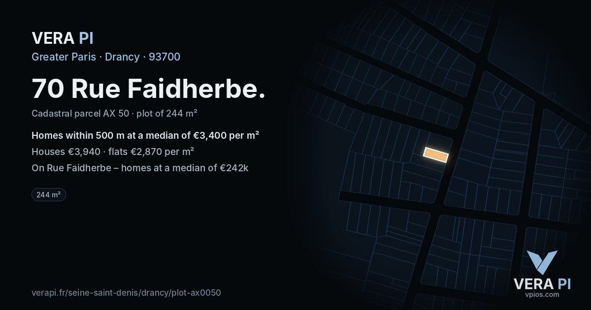 70 Rue Faidherbe, Drancy at night – the plot lit, the parcels around coloured by the prices near them