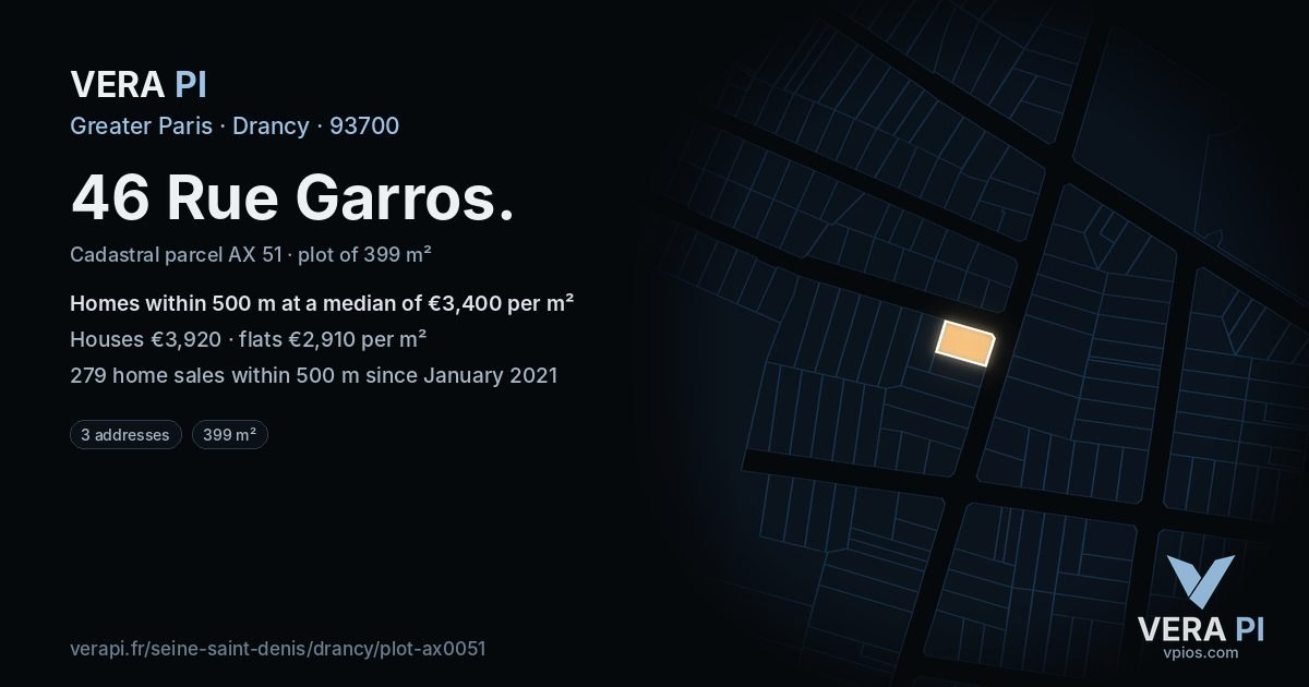 46 Rue Garros, Drancy at night – the plot lit, the parcels around coloured by the prices near them