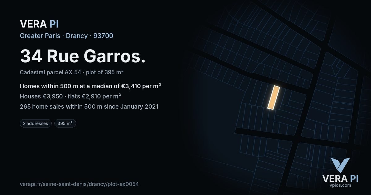 34 Rue Garros, Drancy at night – the plot lit, the parcels around coloured by the prices near them