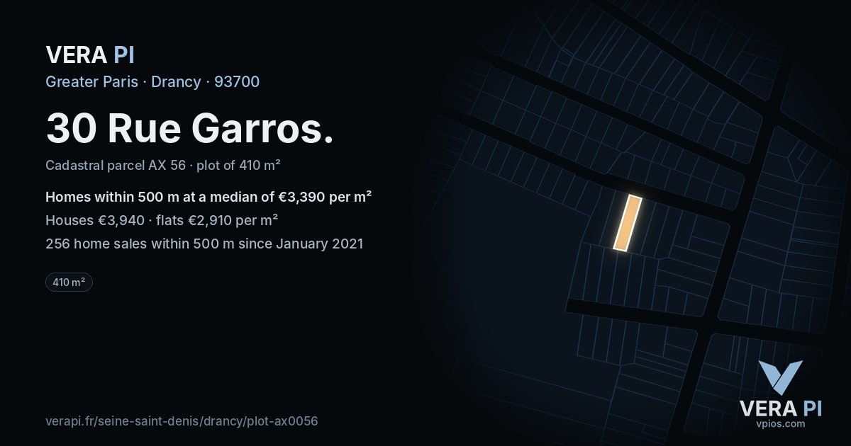 30 Rue Garros, Drancy at night – the plot lit, the parcels around coloured by the prices near them