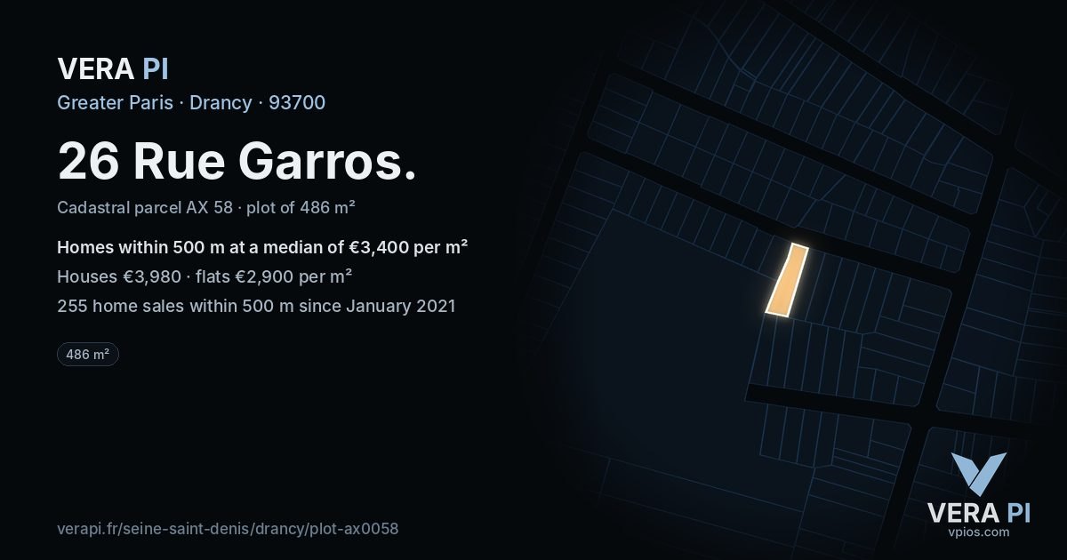 26 Rue Garros, Drancy at night – the plot lit, the parcels around coloured by the prices near them