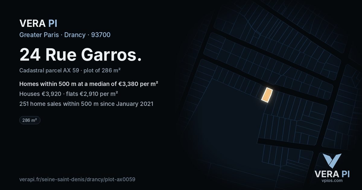24 Rue Garros, Drancy at night – the plot lit, the parcels around coloured by the prices near them