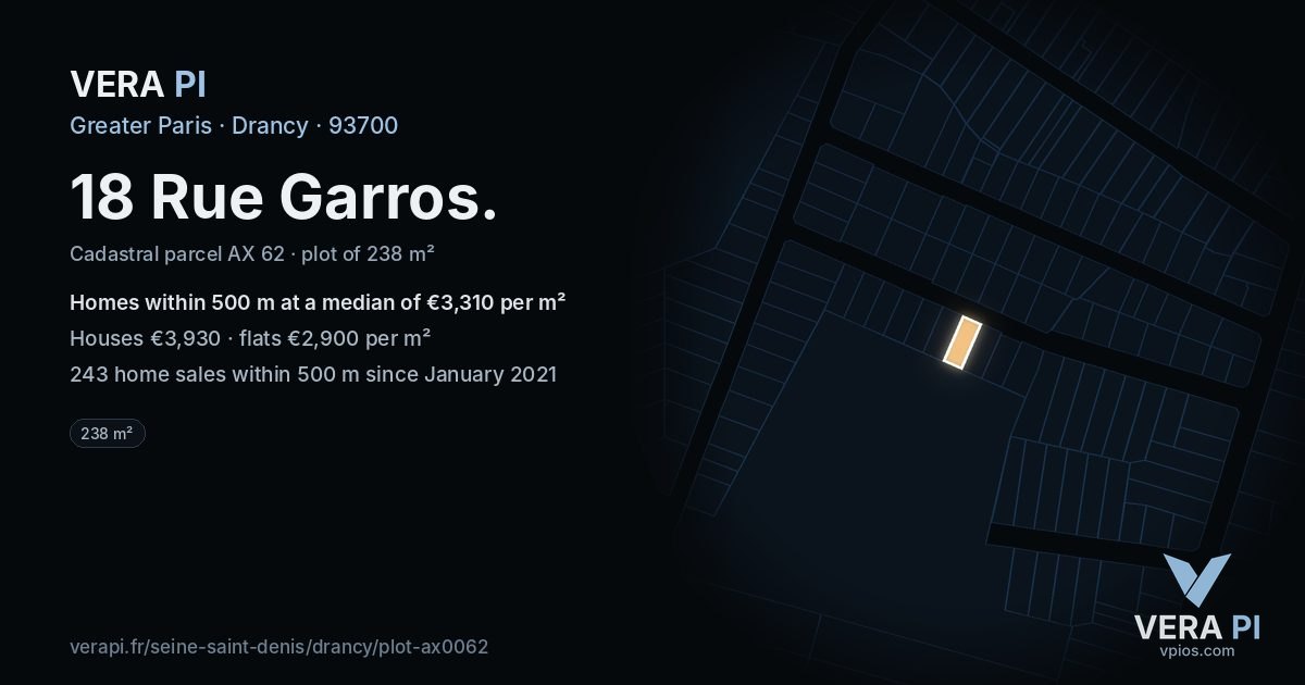 18 Rue Garros, Drancy at night – the plot lit, the parcels around coloured by the prices near them