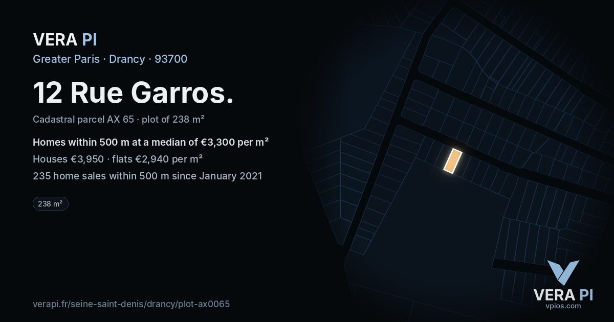 12 Rue Garros, Drancy at night – the plot lit, the parcels around coloured by the prices near them