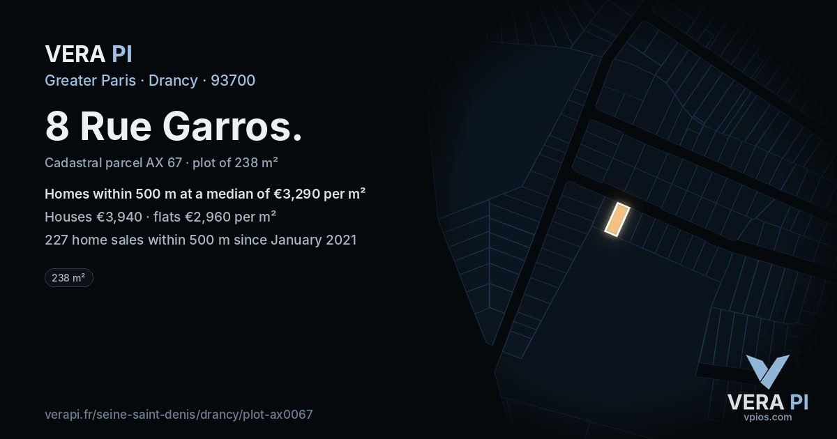 8 Rue Garros, Drancy at night – the plot lit, the parcels around coloured by the prices near them