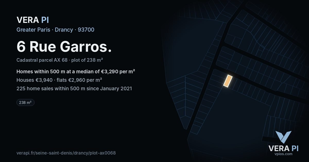 6 Rue Garros, Drancy at night – the plot lit, the parcels around coloured by the prices near them