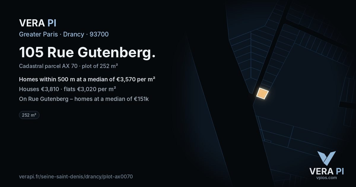 105 Rue Gutenberg, Drancy at night – the plot lit, the parcels around coloured by the prices near them