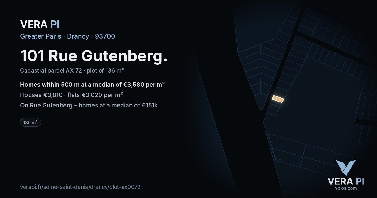 101 Rue Gutenberg, Drancy at night – the plot lit, the parcels around coloured by the prices near them