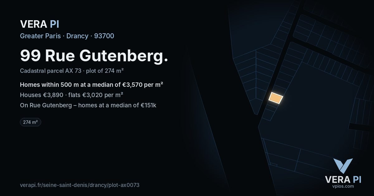 99 Rue Gutenberg, Drancy at night – the plot lit, the parcels around coloured by the prices near them
