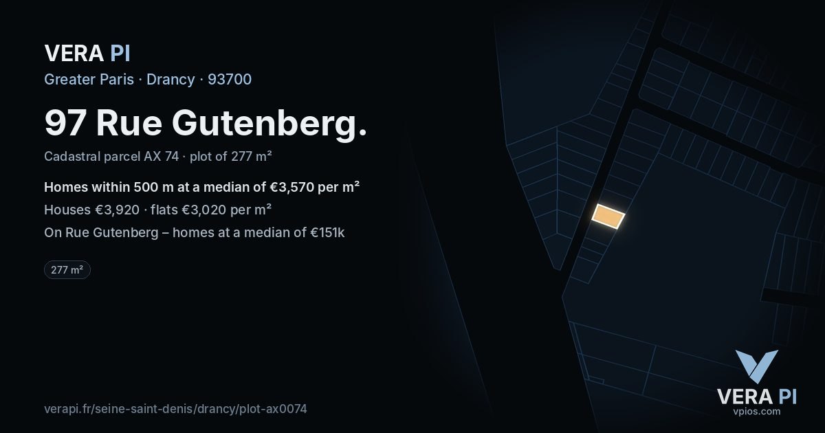 97 Rue Gutenberg, Drancy at night – the plot lit, the parcels around coloured by the prices near them
