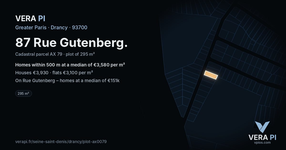 87 Rue Gutenberg, Drancy at night – the plot lit, the parcels around coloured by the prices near them