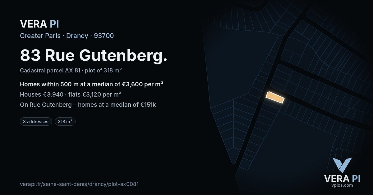 83 Rue Gutenberg, Drancy at night – the plot lit, the parcels around coloured by the prices near them