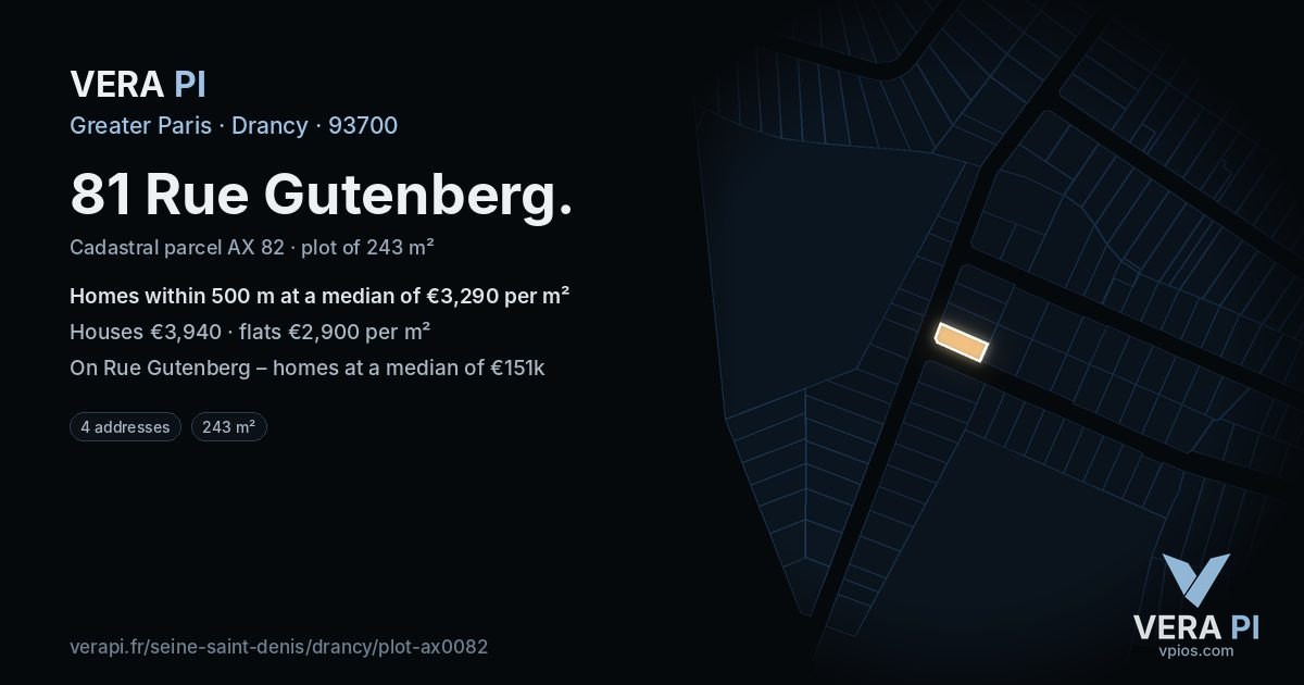 81 Rue Gutenberg, Drancy at night – the plot lit, the parcels around coloured by the prices near them