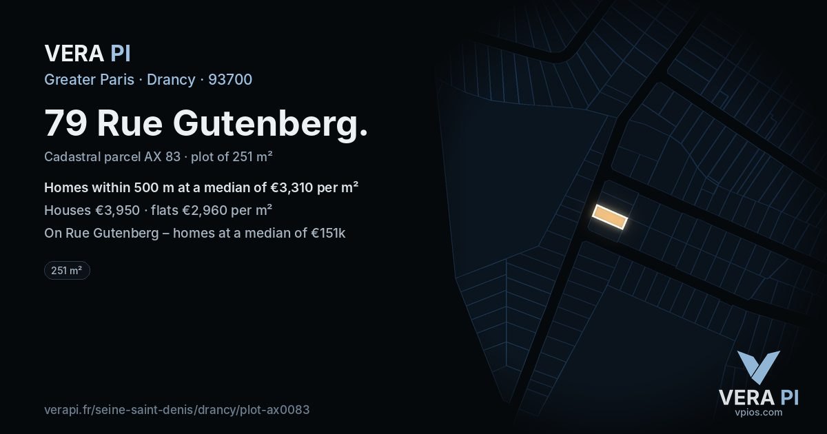 79 Rue Gutenberg, Drancy at night – the plot lit, the parcels around coloured by the prices near them