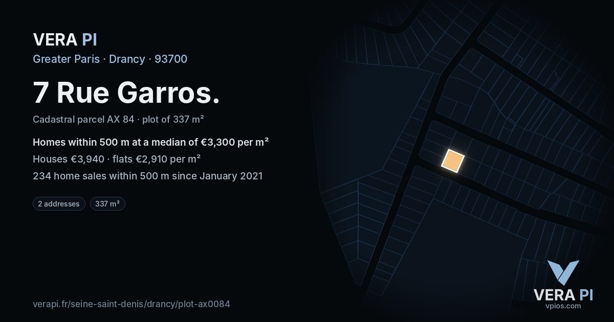 7 Rue Garros, Drancy at night – the plot lit, the parcels around coloured by the prices near them
