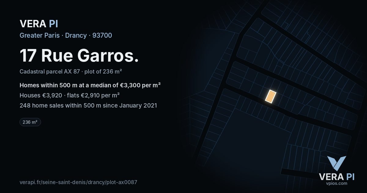 17 Rue Garros, Drancy at night – the plot lit, the parcels around coloured by the prices near them