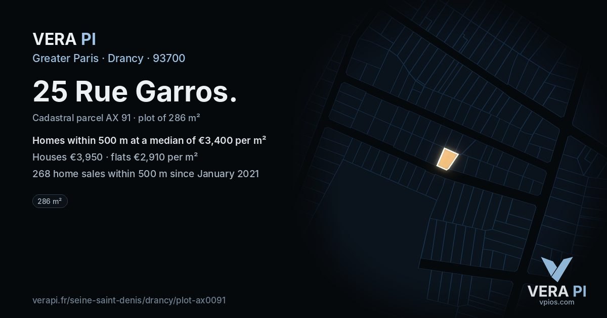 25 Rue Garros, Drancy at night – the plot lit, the parcels around coloured by the prices near them