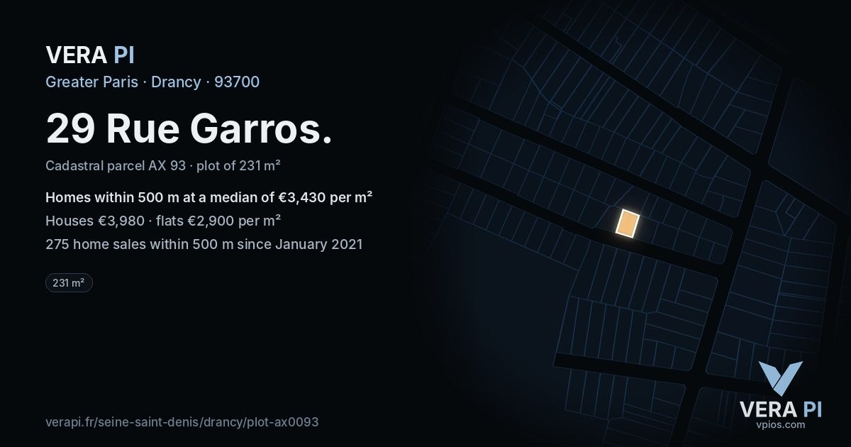 29 Rue Garros, Drancy at night – the plot lit, the parcels around coloured by the prices near them