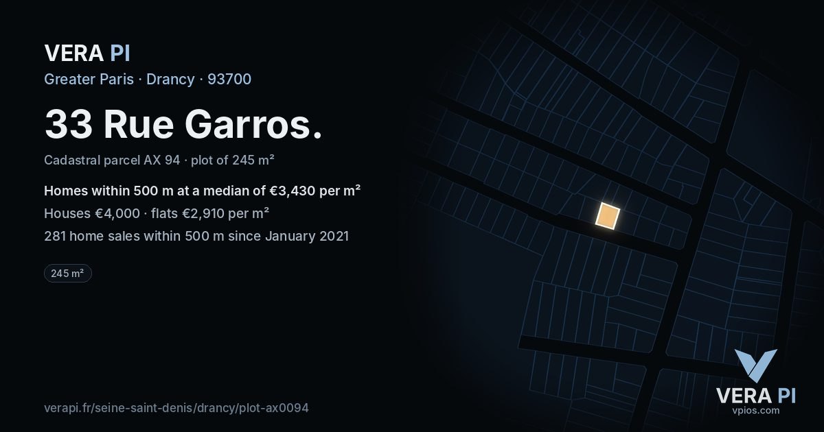 33 Rue Garros, Drancy at night – the plot lit, the parcels around coloured by the prices near them
