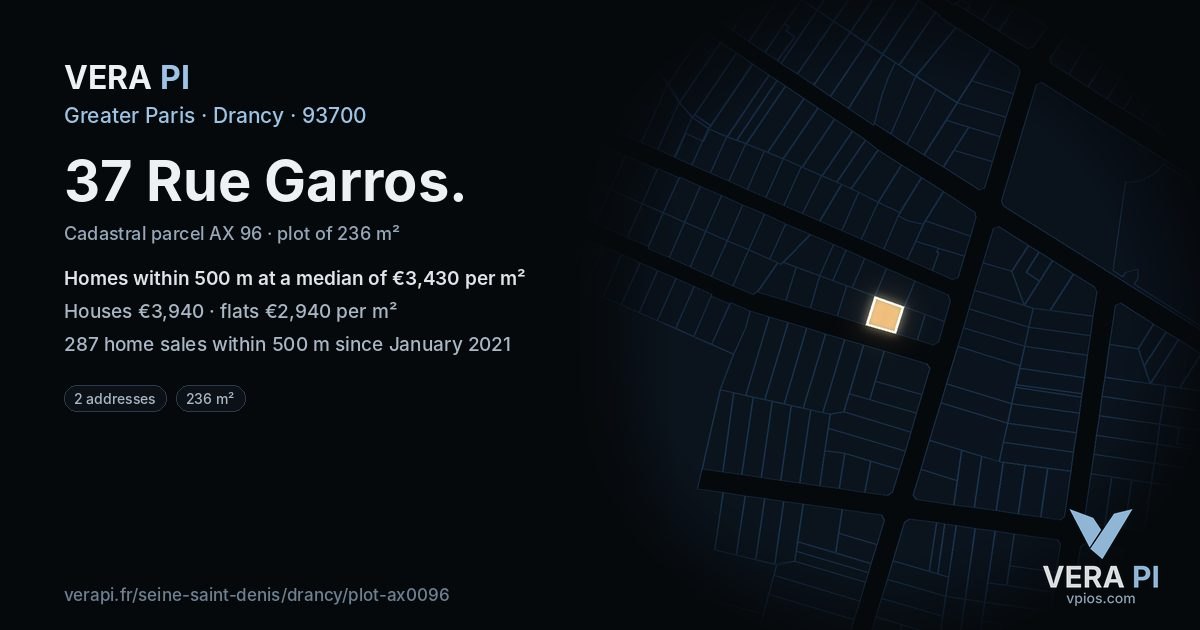 37 Rue Garros, Drancy at night – the plot lit, the parcels around coloured by the prices near them