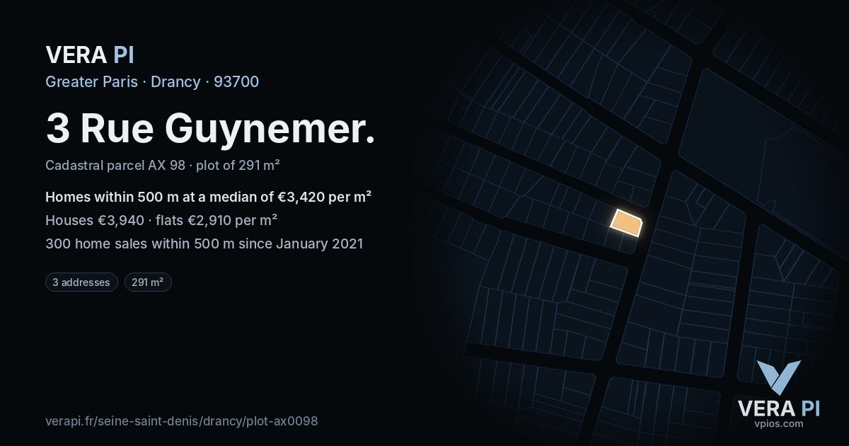 3 Rue Guynemer, Drancy at night – the plot lit, the parcels around coloured by the prices near them