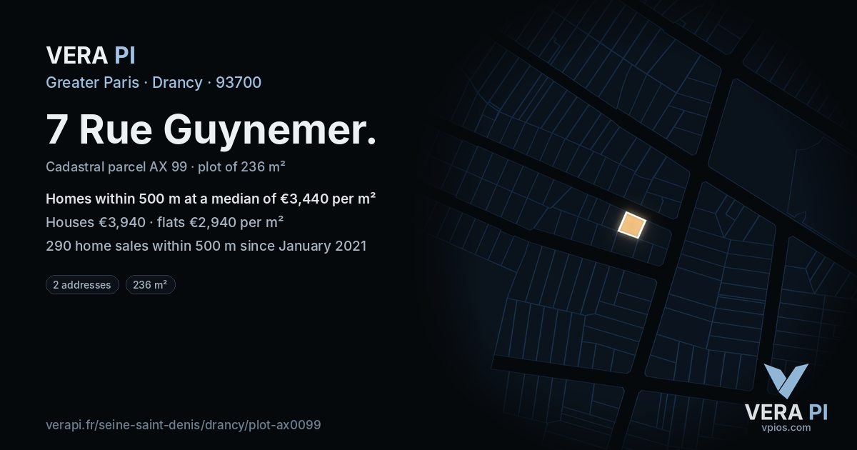 7 Rue Guynemer, Drancy at night – the plot lit, the parcels around coloured by the prices near them