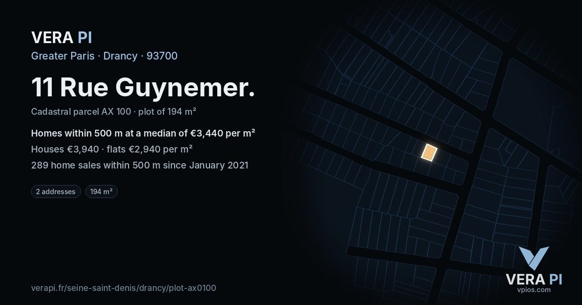11 Rue Guynemer, Drancy at night – the plot lit, the parcels around coloured by the prices near them