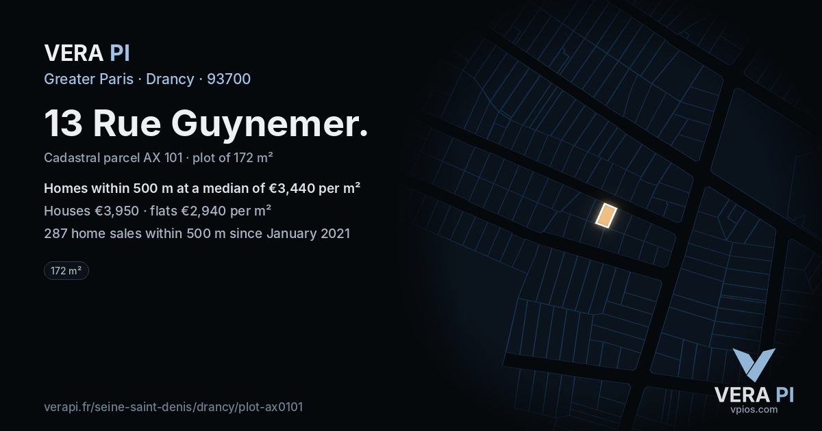 13 Rue Guynemer, Drancy at night – the plot lit, the parcels around coloured by the prices near them