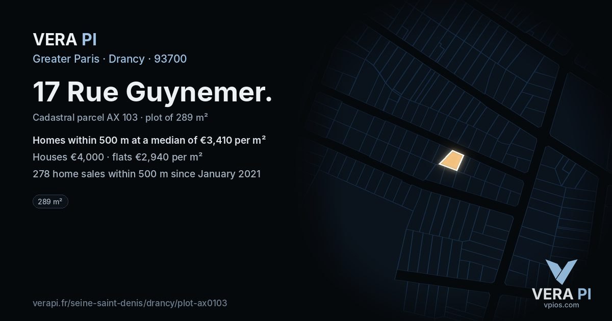 17 Rue Guynemer, Drancy at night – the plot lit, the parcels around coloured by the prices near them