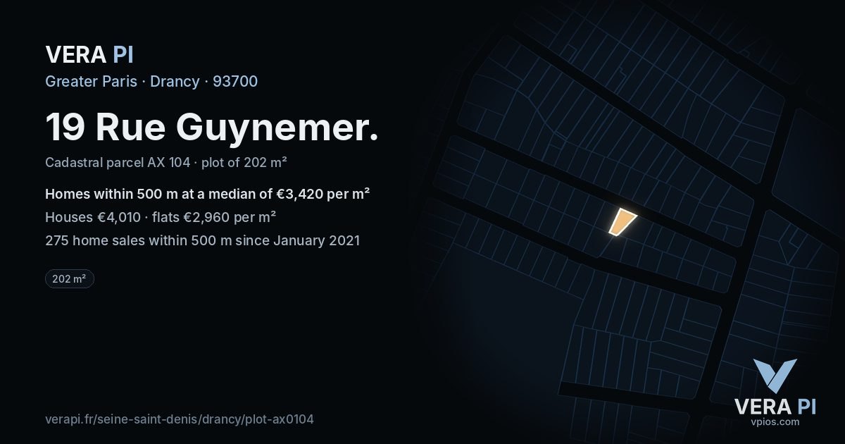 19 Rue Guynemer, Drancy at night – the plot lit, the parcels around coloured by the prices near them