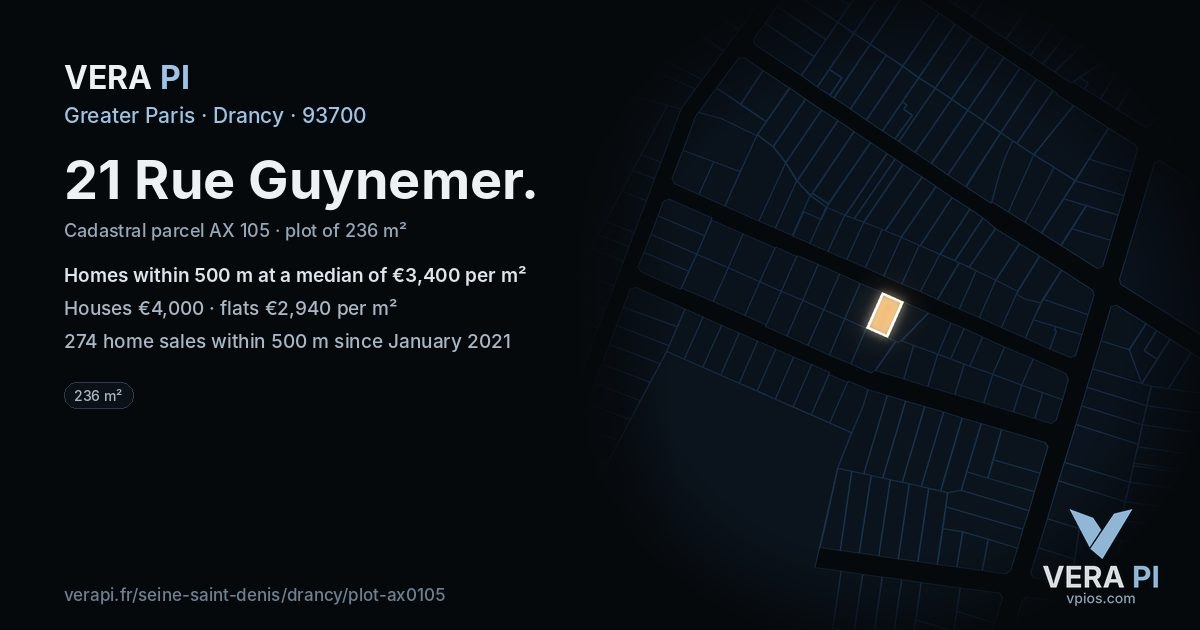 21 Rue Guynemer, Drancy at night – the plot lit, the parcels around coloured by the prices near them