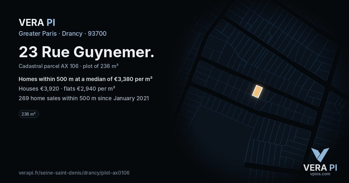 23 Rue Guynemer, Drancy at night – the plot lit, the parcels around coloured by the prices near them