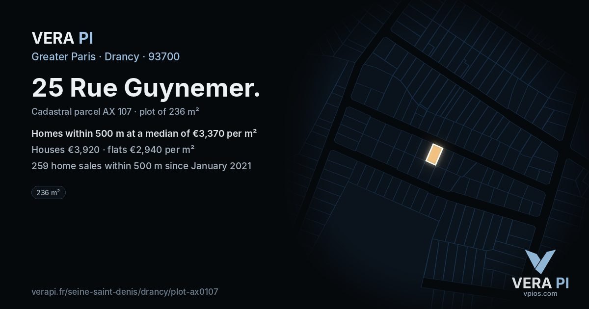 25 Rue Guynemer, Drancy at night – the plot lit, the parcels around coloured by the prices near them
