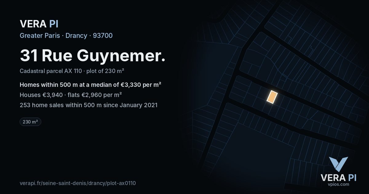 31 Rue Guynemer, Drancy at night – the plot lit, the parcels around coloured by the prices near them