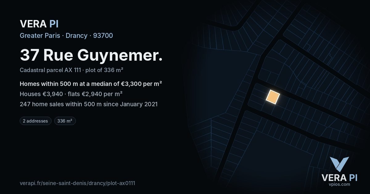 37 Rue Guynemer, Drancy at night – the plot lit, the parcels around coloured by the prices near them