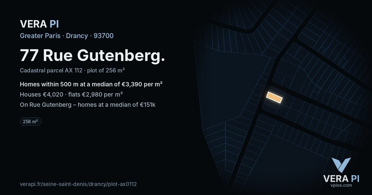 77 Rue Gutenberg, Drancy at night – the plot lit, the parcels around coloured by the prices near them