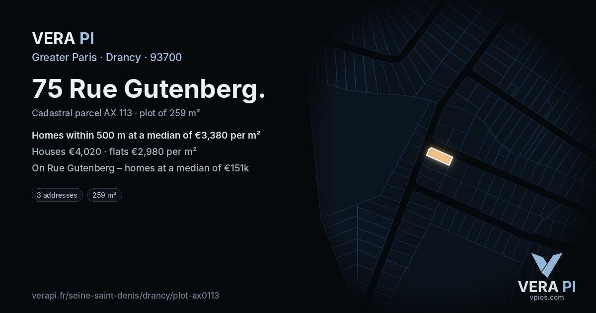75 Rue Gutenberg, Drancy at night – the plot lit, the parcels around coloured by the prices near them