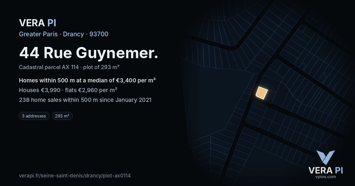 44 Rue Guynemer, Drancy at night – the plot lit, the parcels around coloured by the prices near them