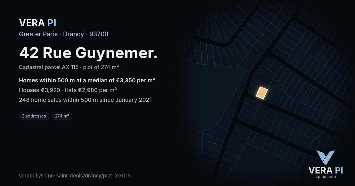 42 Rue Guynemer, Drancy at night – the plot lit, the parcels around coloured by the prices near them
