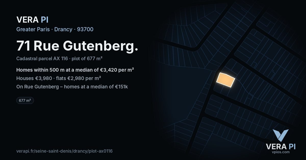 71 Rue Gutenberg, Drancy at night – the plot lit, the parcels around coloured by the prices near them