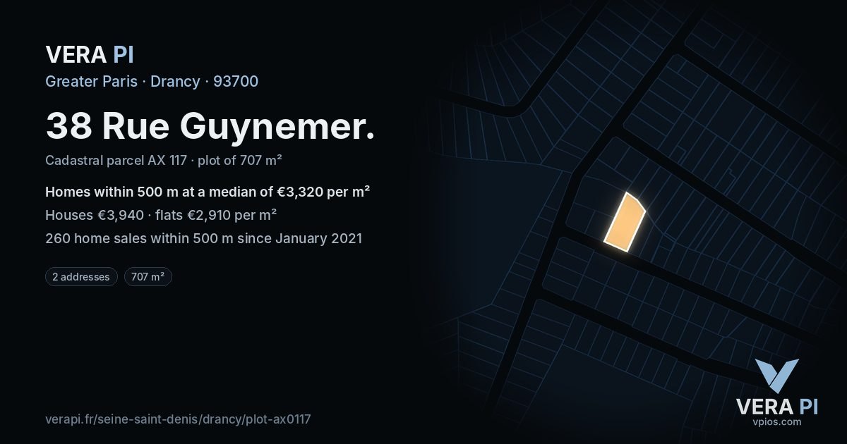38 Rue Guynemer, Drancy at night – the plot lit, the parcels around coloured by the prices near them